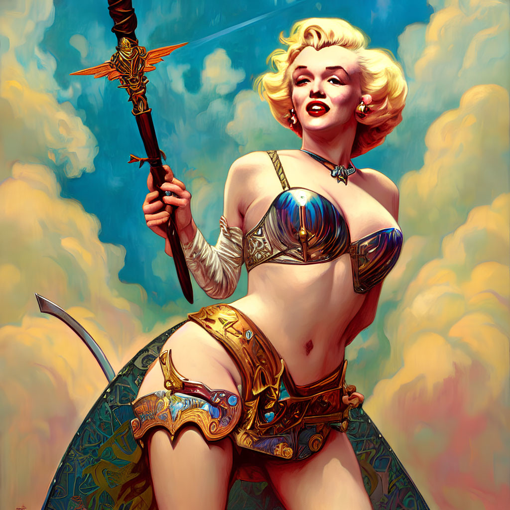 Fantasy warrior woman with spear in stylized illustration