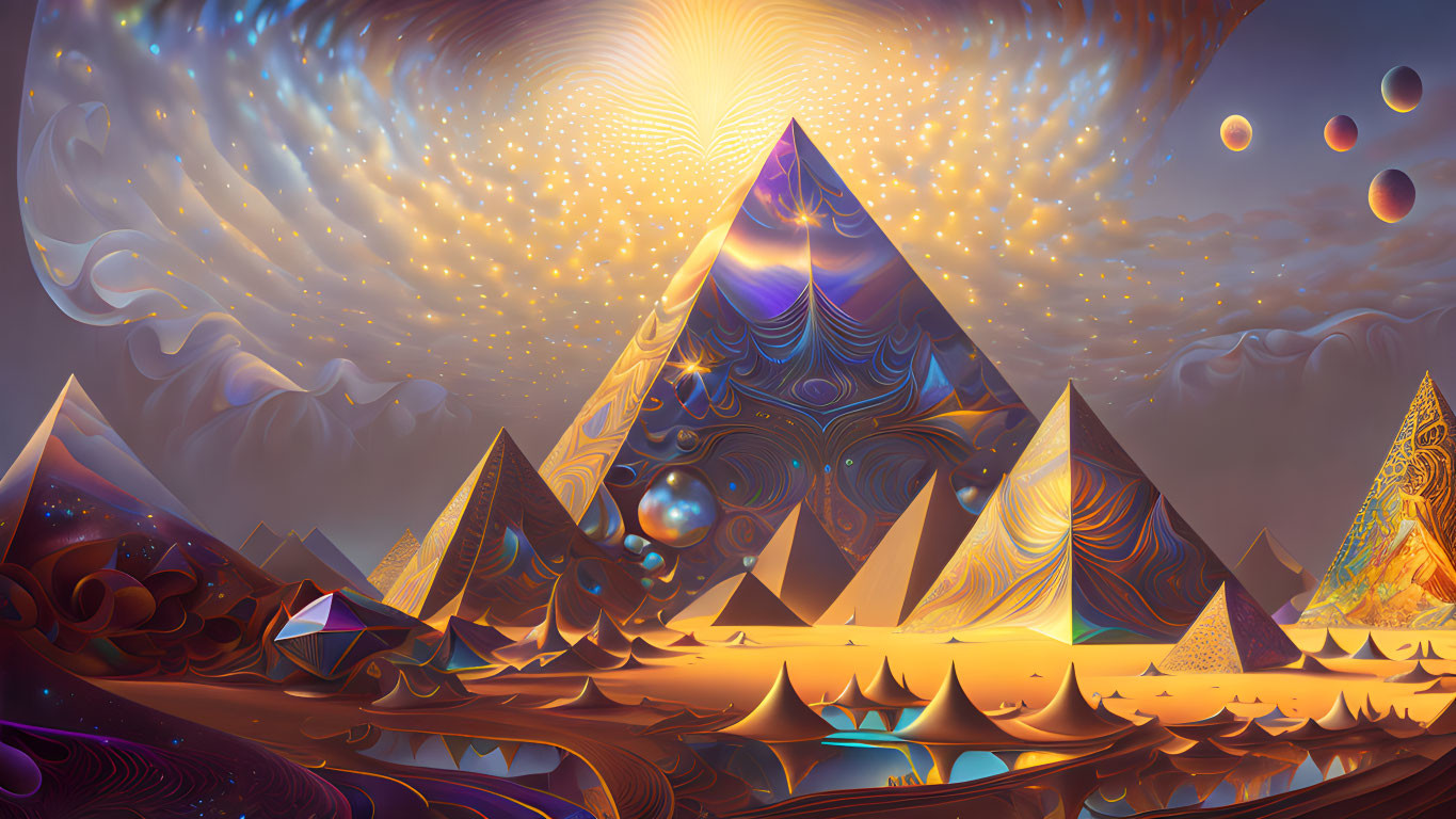 Vibrant surreal landscape with cosmic pyramids and swirling patterns