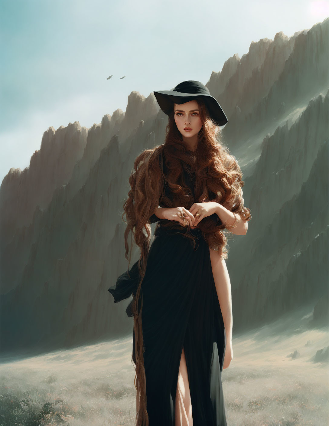 Brown-haired woman in black dress standing in field with cliff backdrop under moody sky