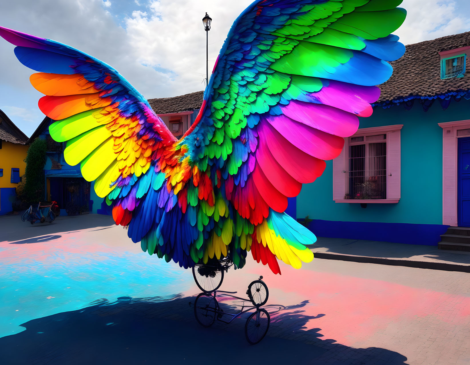 Colorful wing mural with bicycle shadow in front of blue houses.