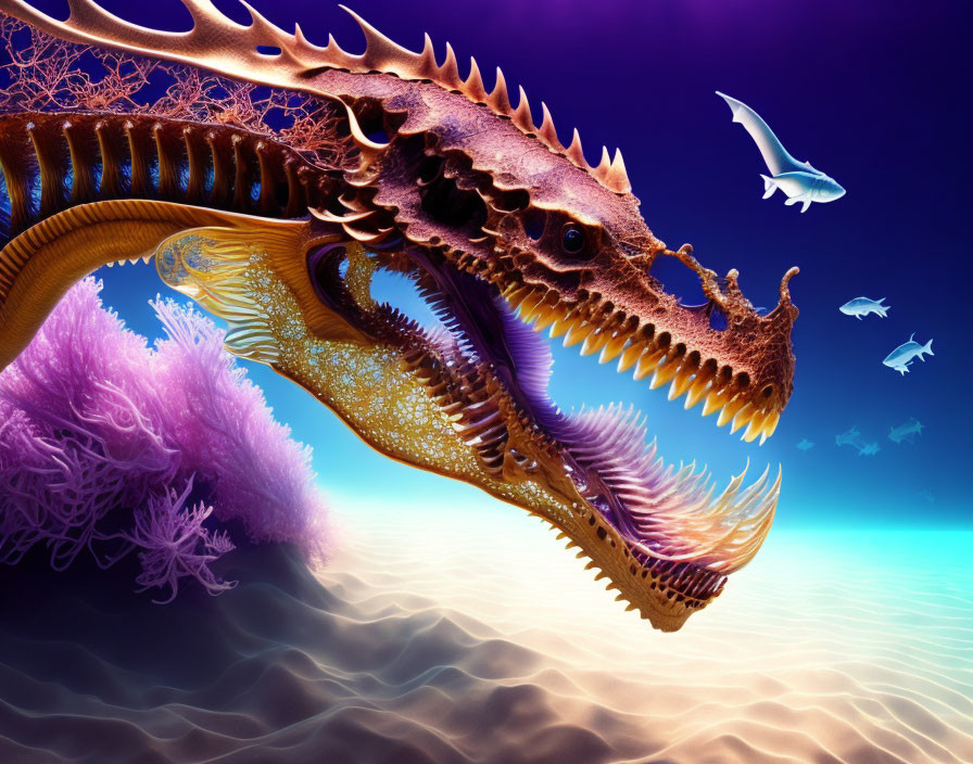 Colorful sea dragon among coral and fish in vibrant underwater scene