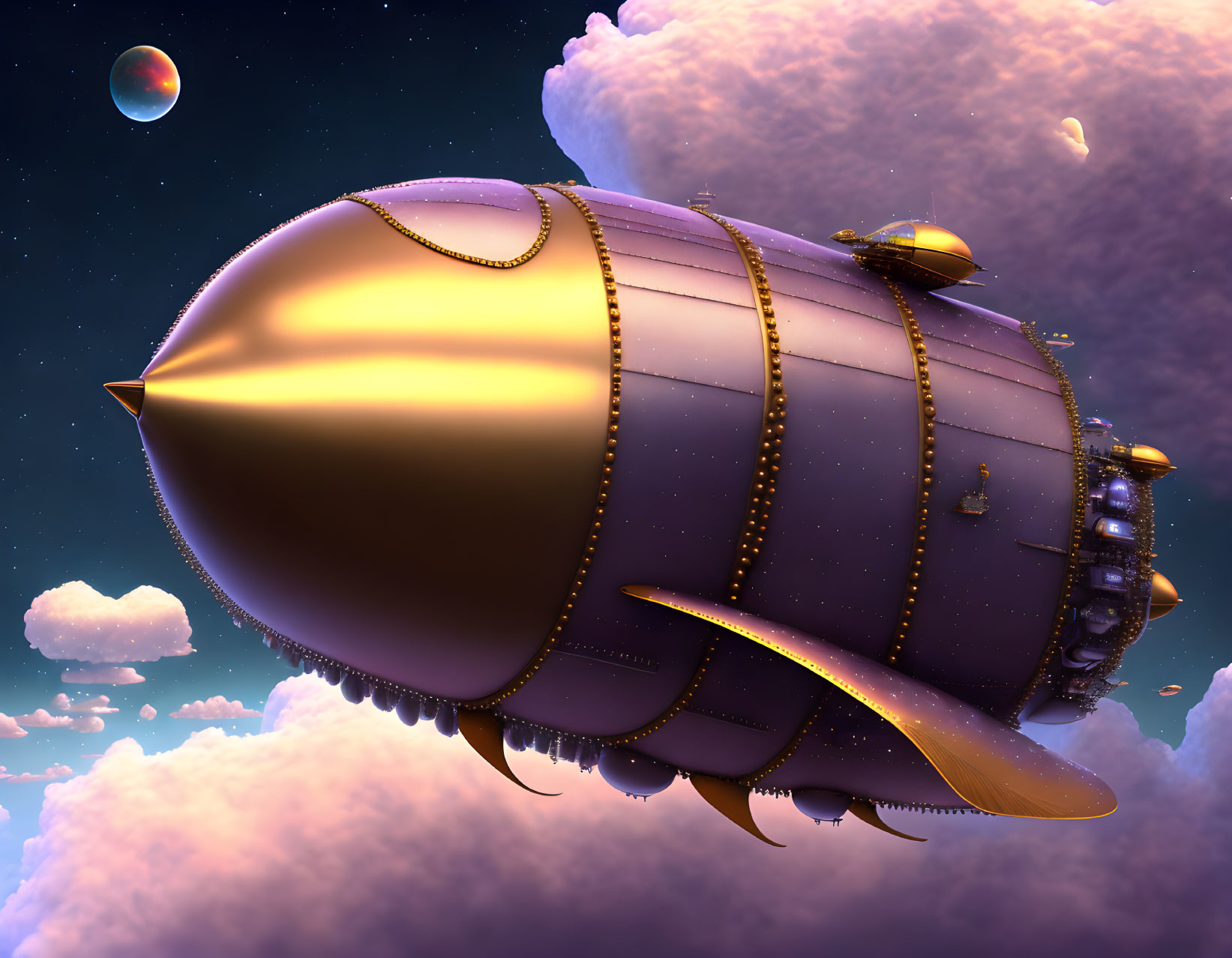 Golden airship in pink-tinged sky with distant planet