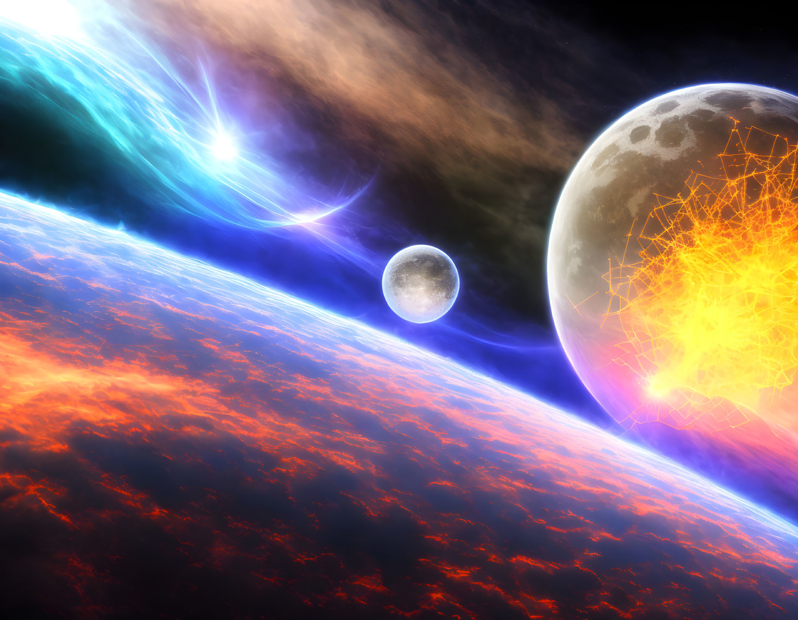 Vivid cosmic illustration of fiery planet, moons, and energy burst