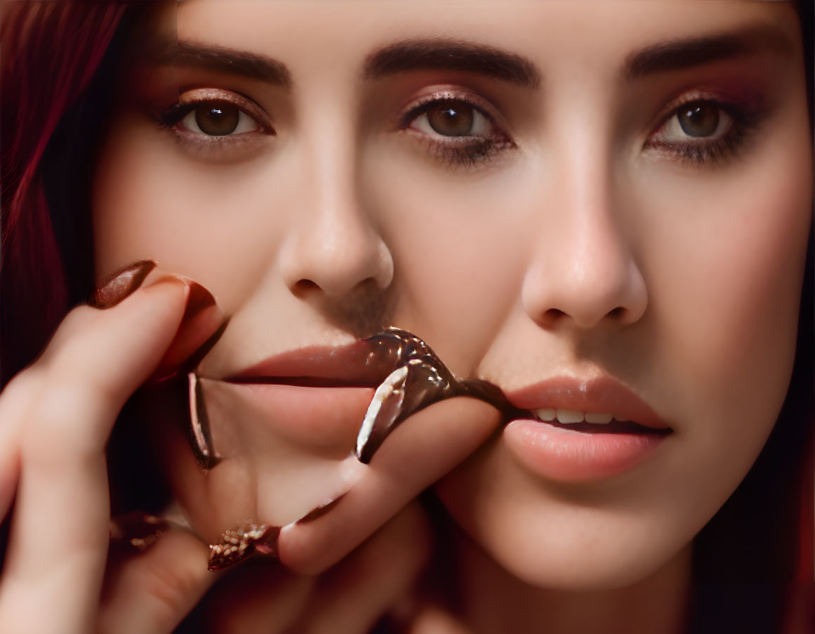 Woman with deep red lipstick holding chocolate for a bite