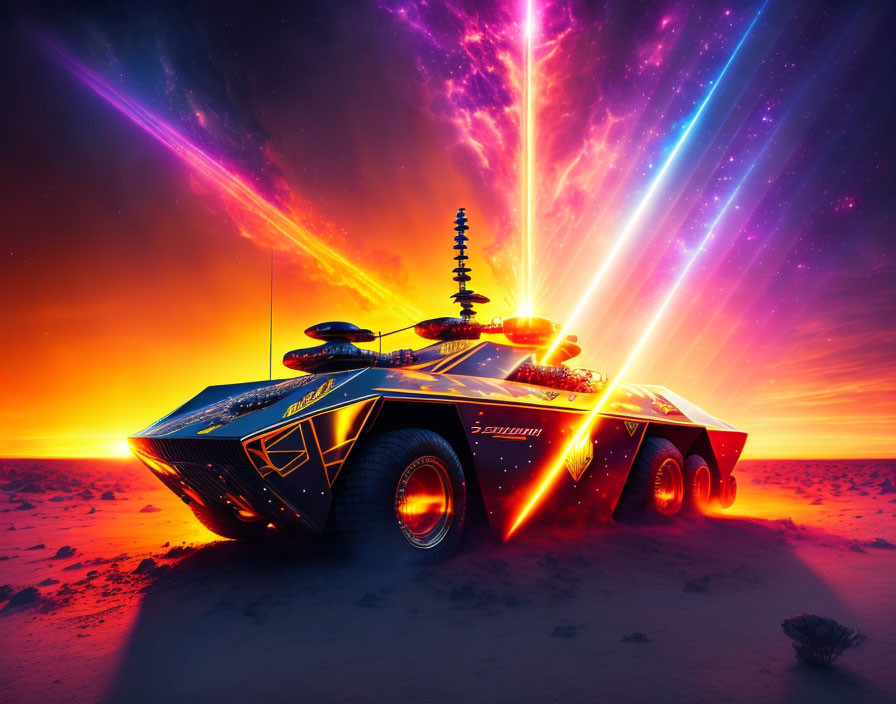 Futuristic tank-like vehicle in barren landscape under vibrant aurora-filled sky