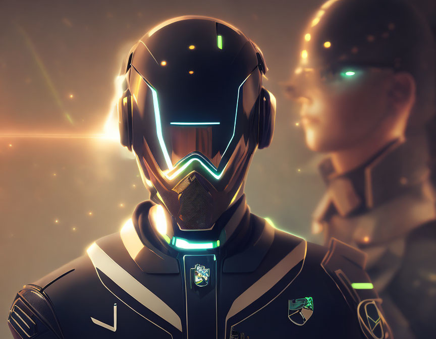 Futuristic soldier in black armor helmet with neon lights, blurred figure in background