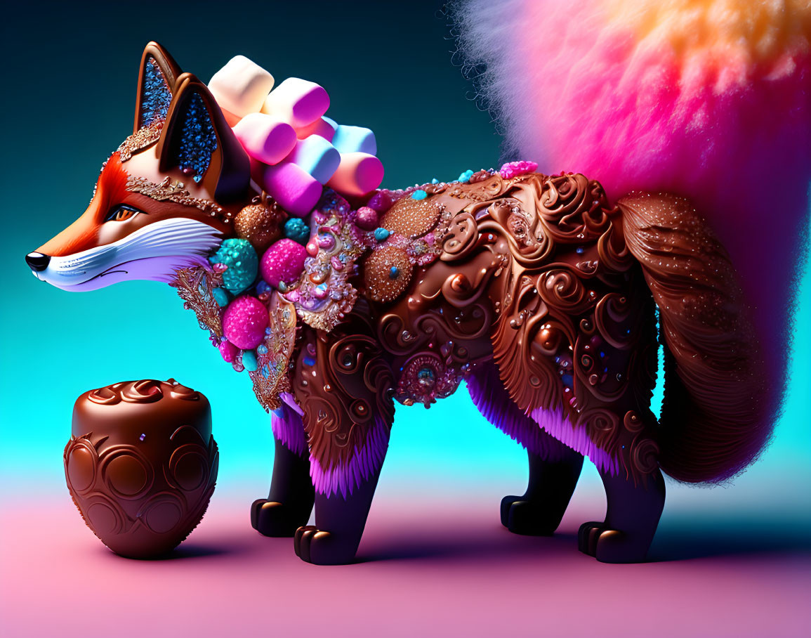 Digitally created ornate fox with jewels next to decorative pot under colorful lighting