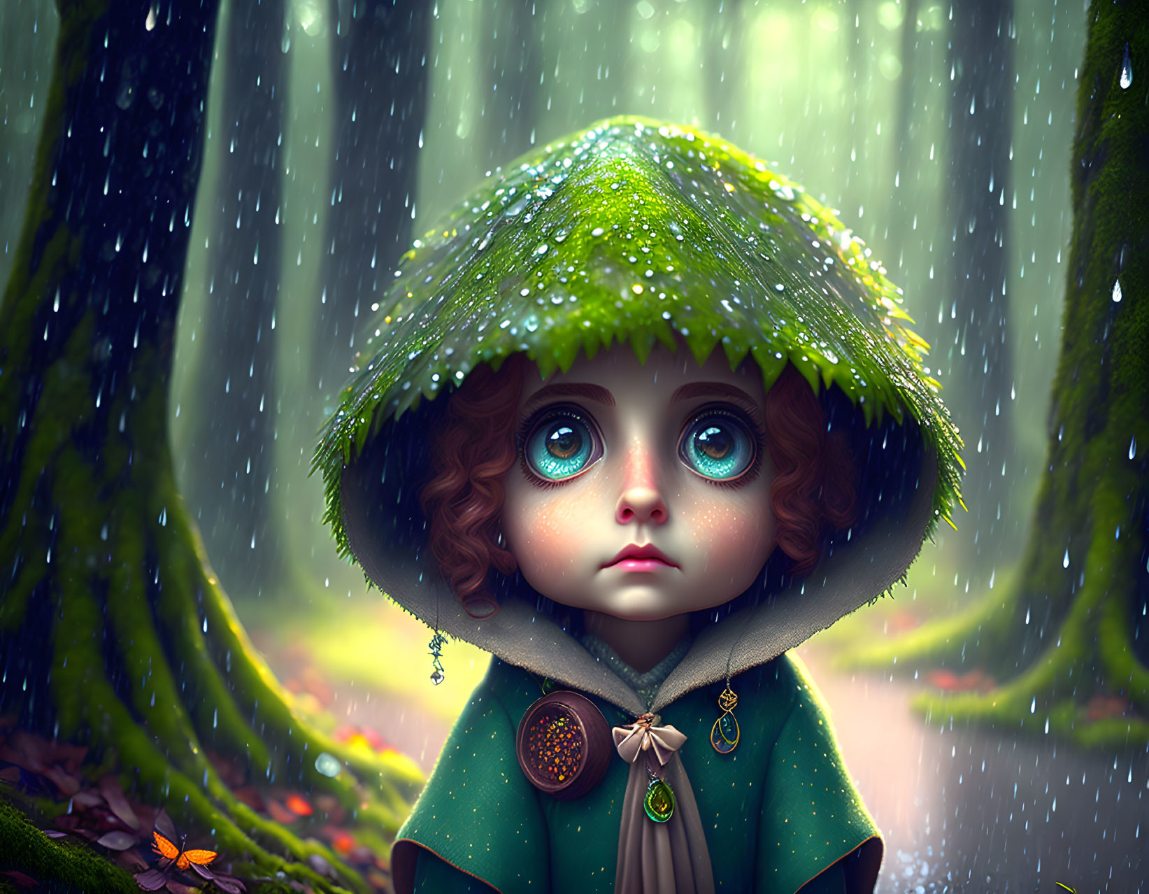 Green-caped character with leaf hat in enchanted forest rain