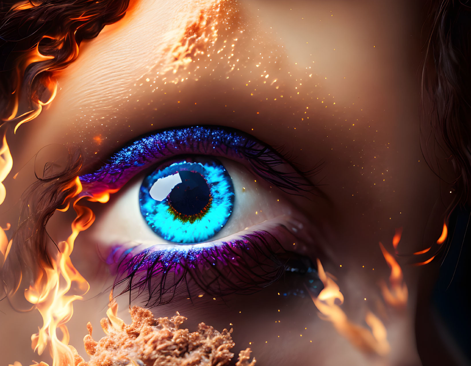 Close-up of Blue Iris Eye Surrounded by Orange Flames and Purple Mascara