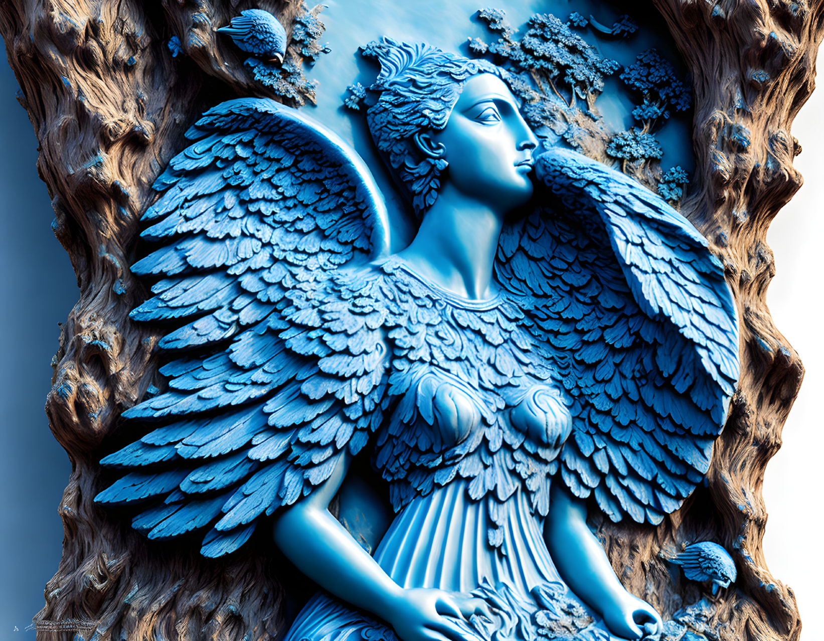 Detailed Blue Angel Sculpture with Textured Tree Background