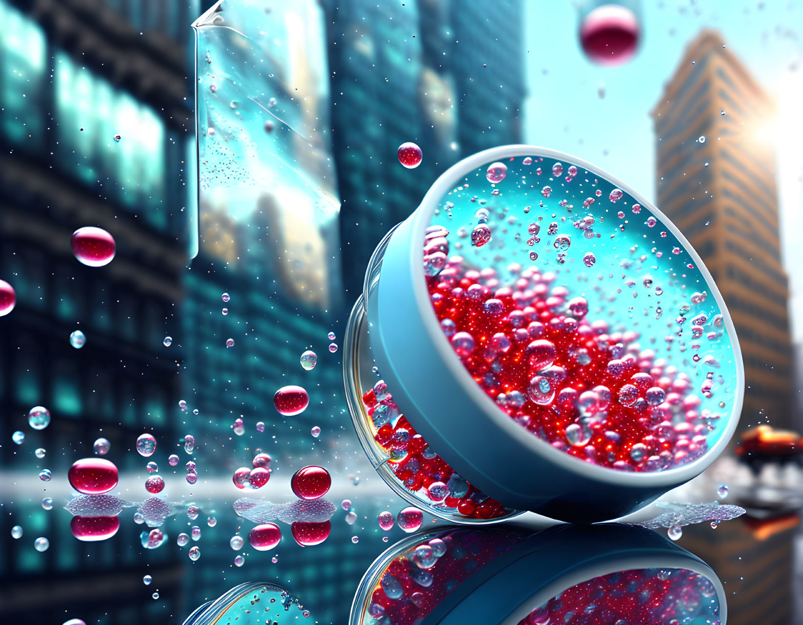 Red beads spill from overturned glass onto cityscape reflection in glossy surface.