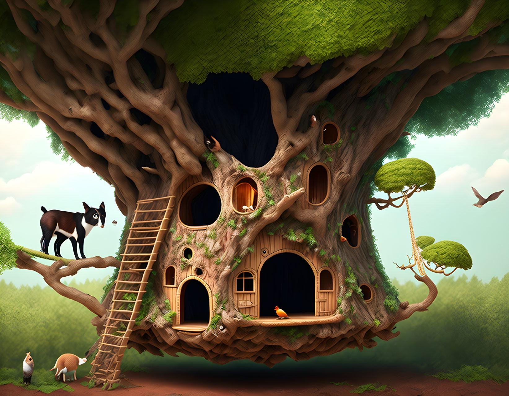 Treehouse with circular windows and doors, horse, cat, and bird in forest setting