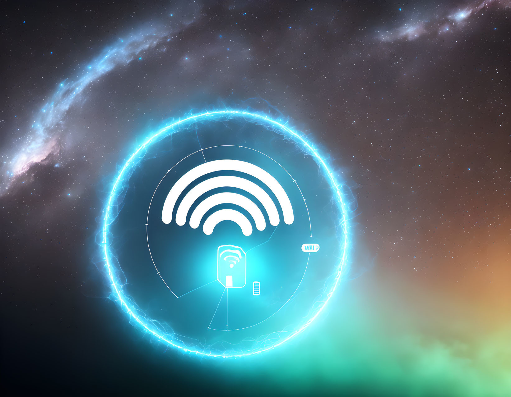 Digital illustration: Wi-Fi symbol on cosmic background with nebulas and galaxy