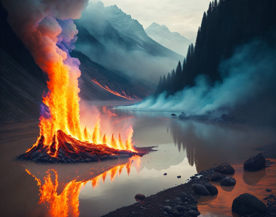 Fiery tree trunk eruption on serene lake shore at twilight