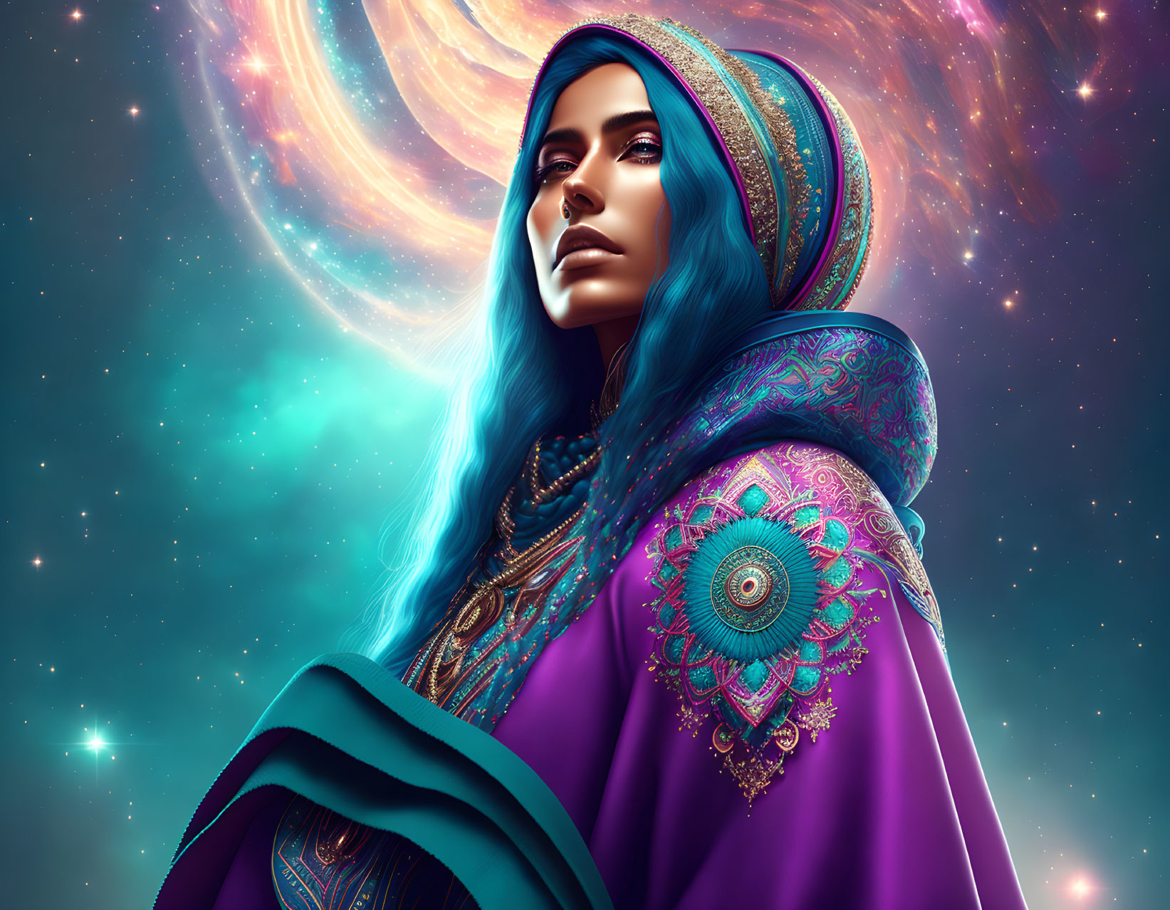 Digital Artwork: Woman with Blue Hair and Cosmic Makeup in Purple Cloak under Galactic Sky