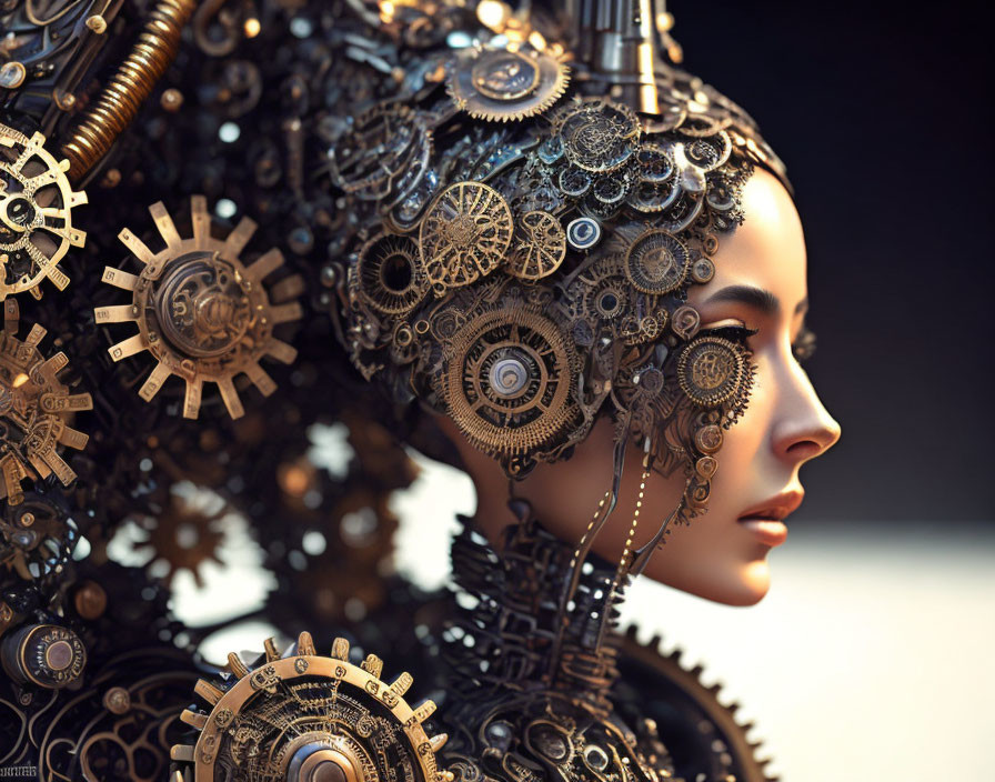 Detailed steampunk-style female figure with bronze mechanical head