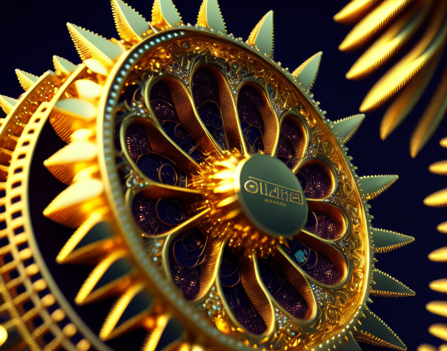 Detailed golden mechanical gear with blue emblem on dark background