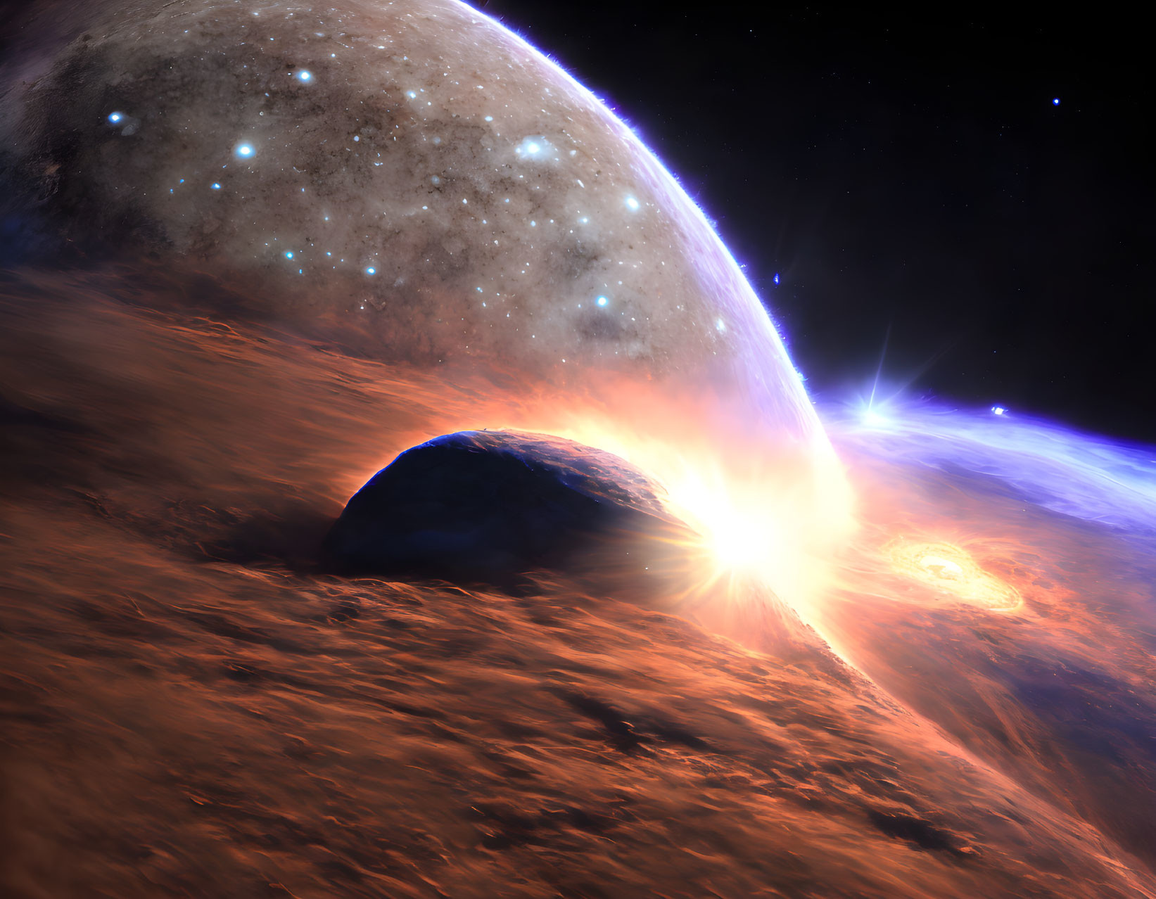 Exploding asteroid near cratered planet under star-filled sky