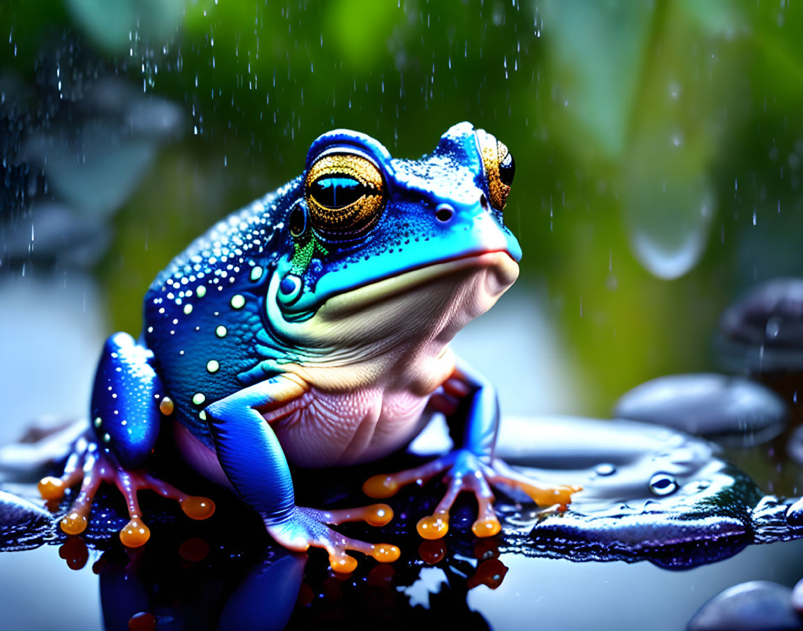 Blue frog with intricate patterns among wet rocks and water droplets, green leaves in background