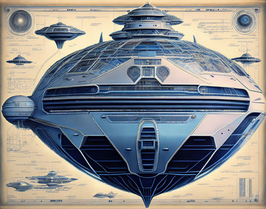 Detailed Futuristic Spaceship Illustration on Blueprint Background