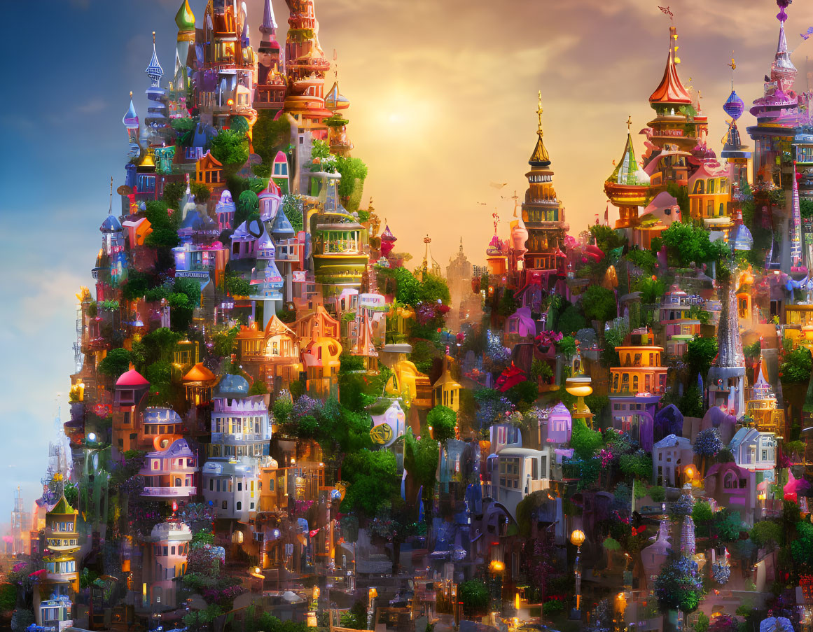 Colorful whimsical cityscape nestled in lush greenery at sunset