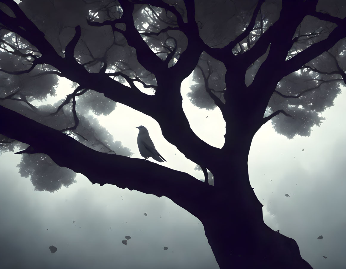 Bird perches on intricate tree silhouette in mystical setting