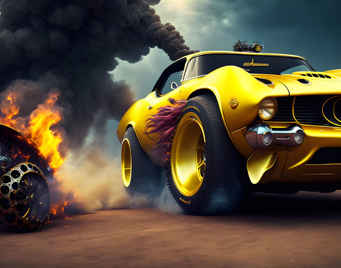 Yellow Muscle Car with Flames and Smoke Next to Burning Vehicle under Dramatic Sky