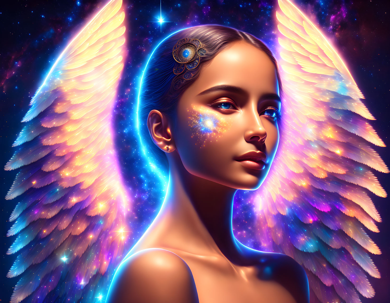 Digital artwork of woman with luminous wings and celestial adornments