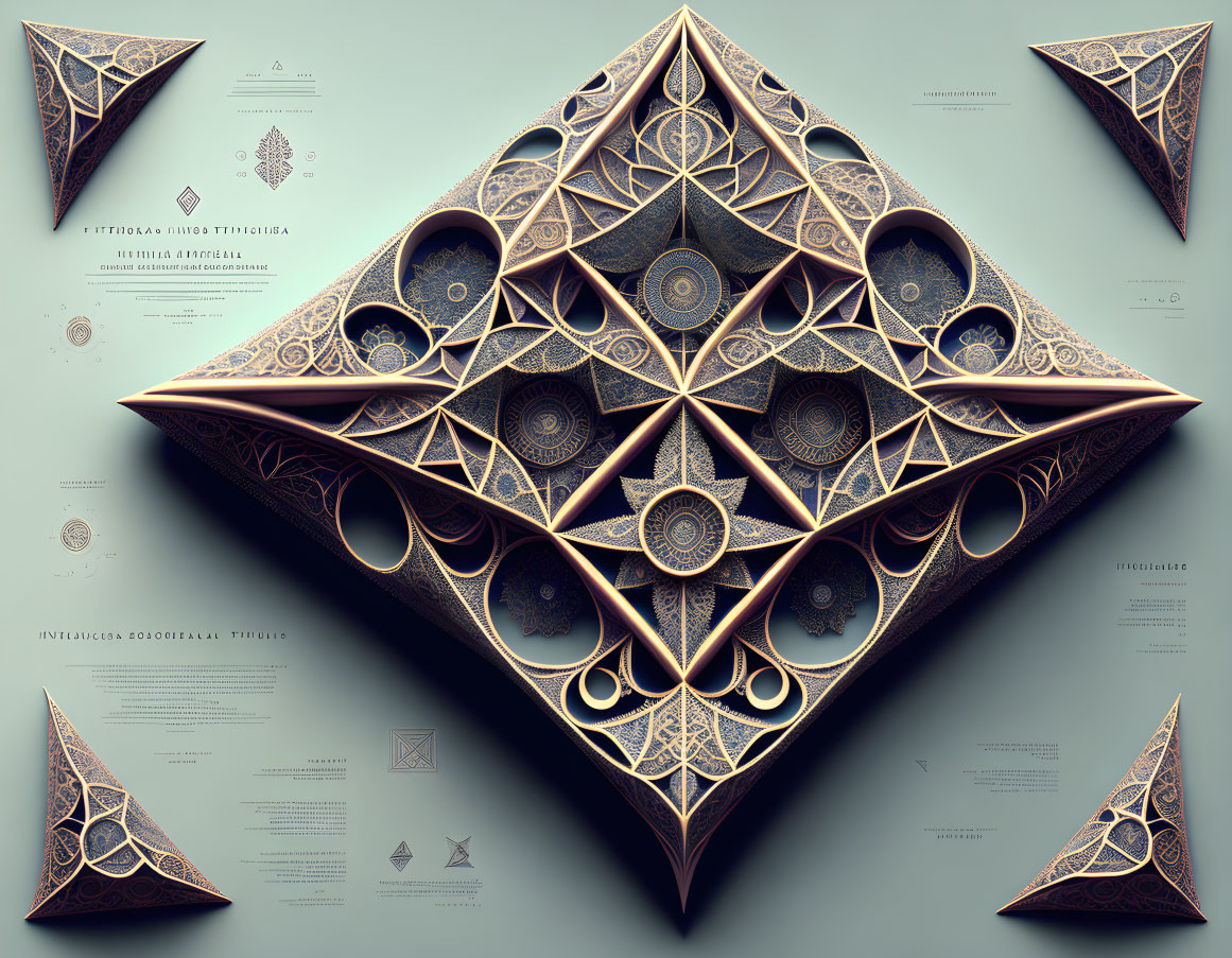 Three-dimensional geometric artwork with ornate patterns and mandala motifs and accompanying text.