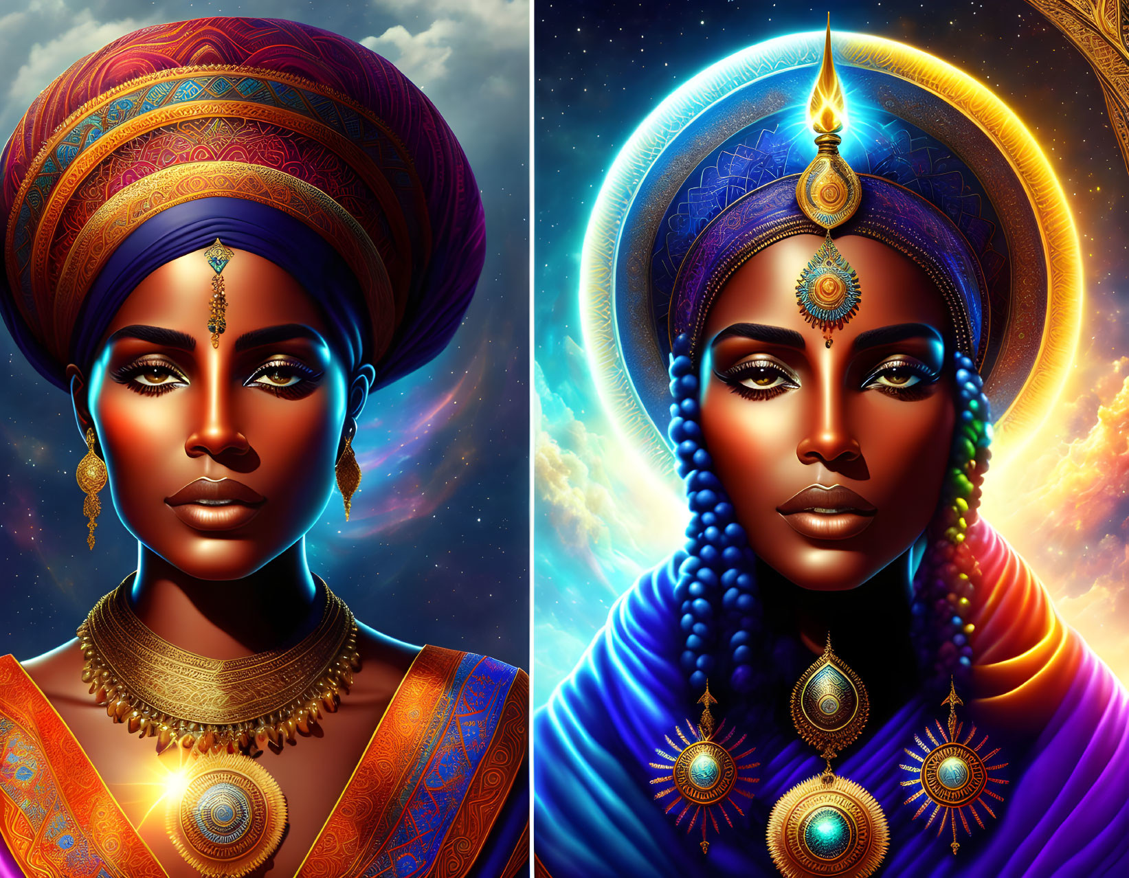 Two women with elaborate makeup and headpieces in cosmic setting.