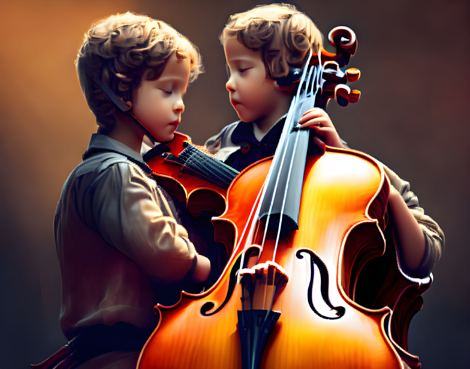 Vintage Attired Children Share Cello in Artistic Portrait