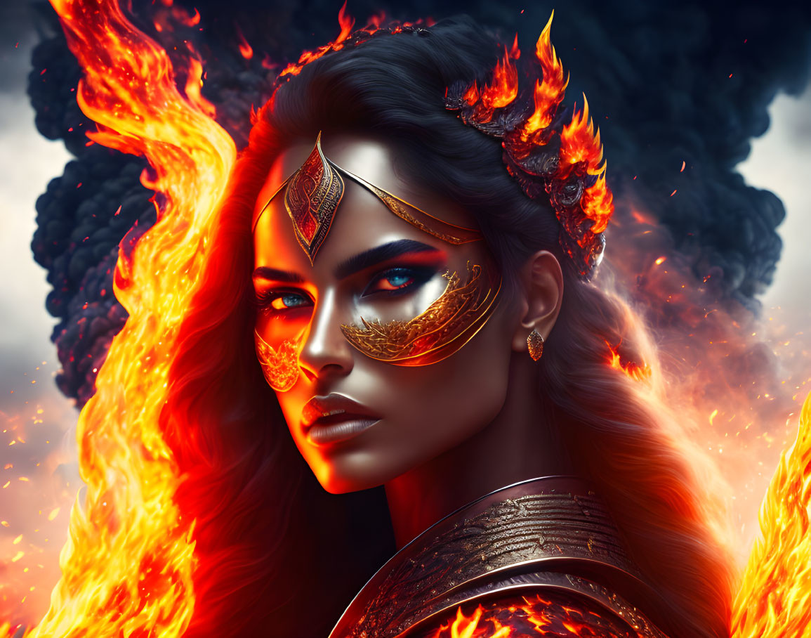 Digital artwork featuring fierce woman with fire-themed makeup and flames in dark background