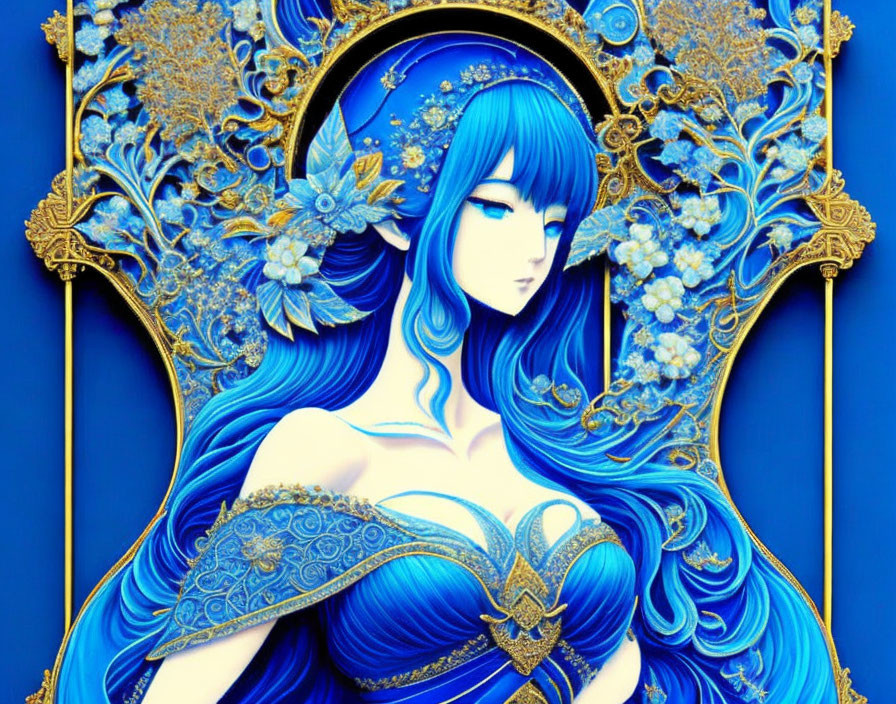 Colorful artwork: Blue-haired female with gold details on floral blue background