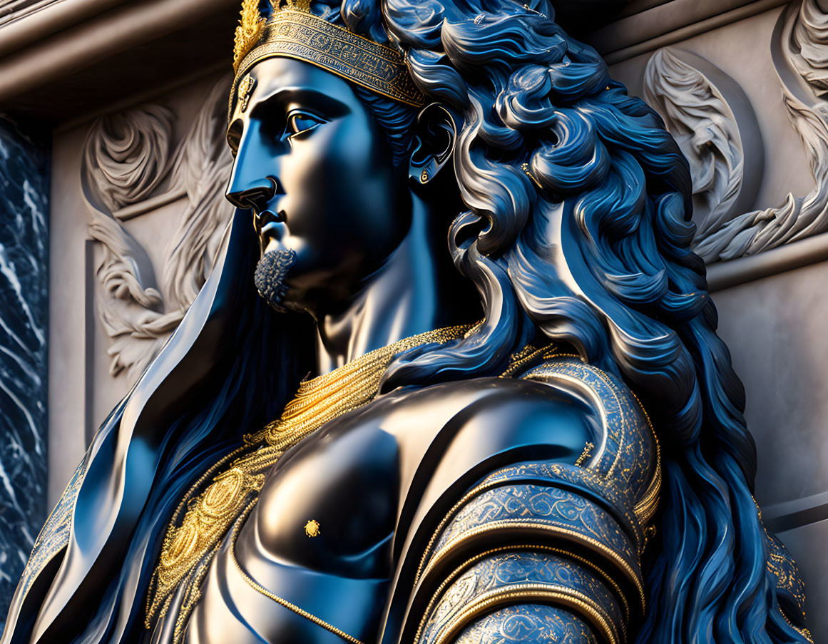 Regal mythical figure with blue and gold armor and curly hair on ornate background