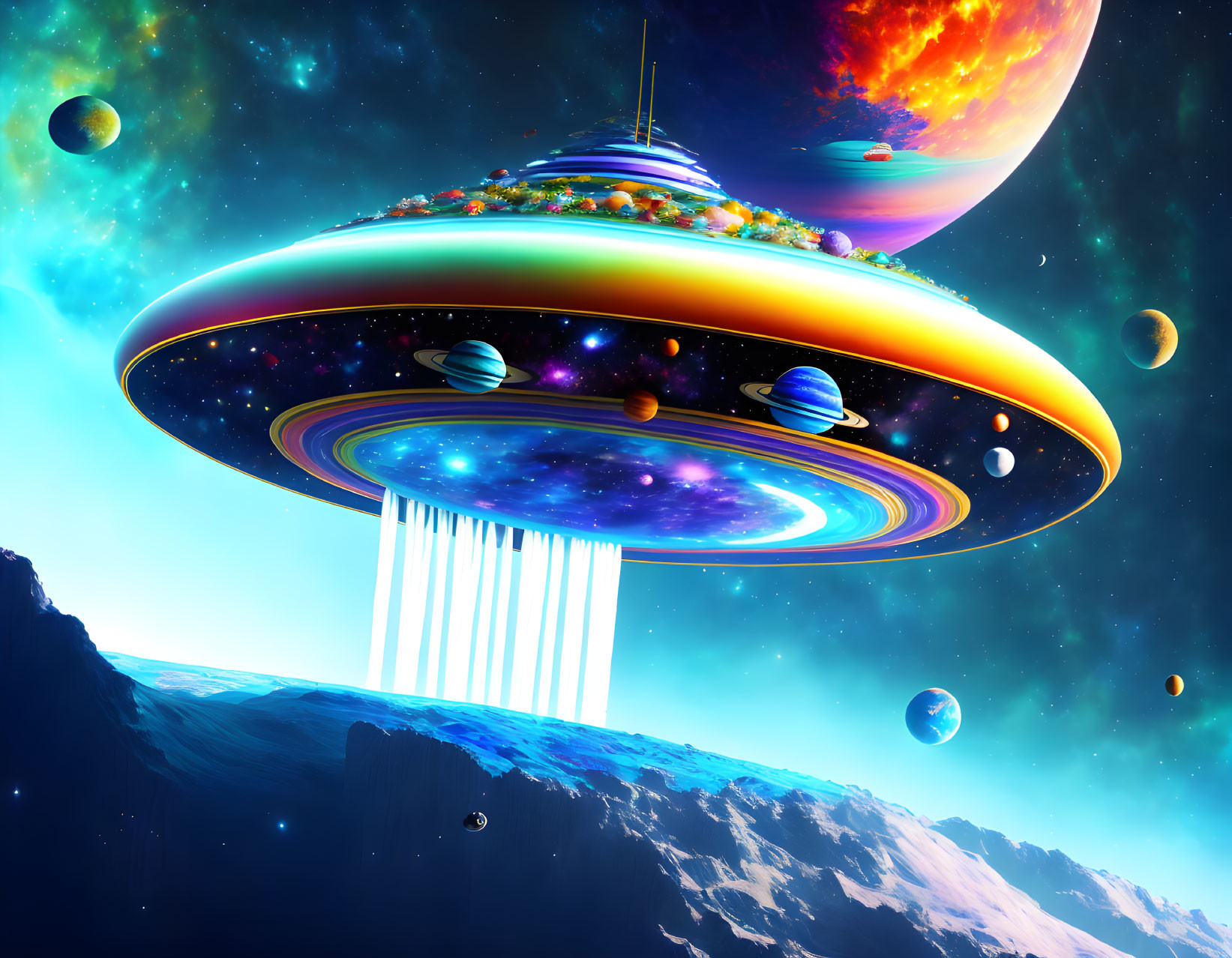 Digital Artwork: UFO hovering over planet with celestial bodies