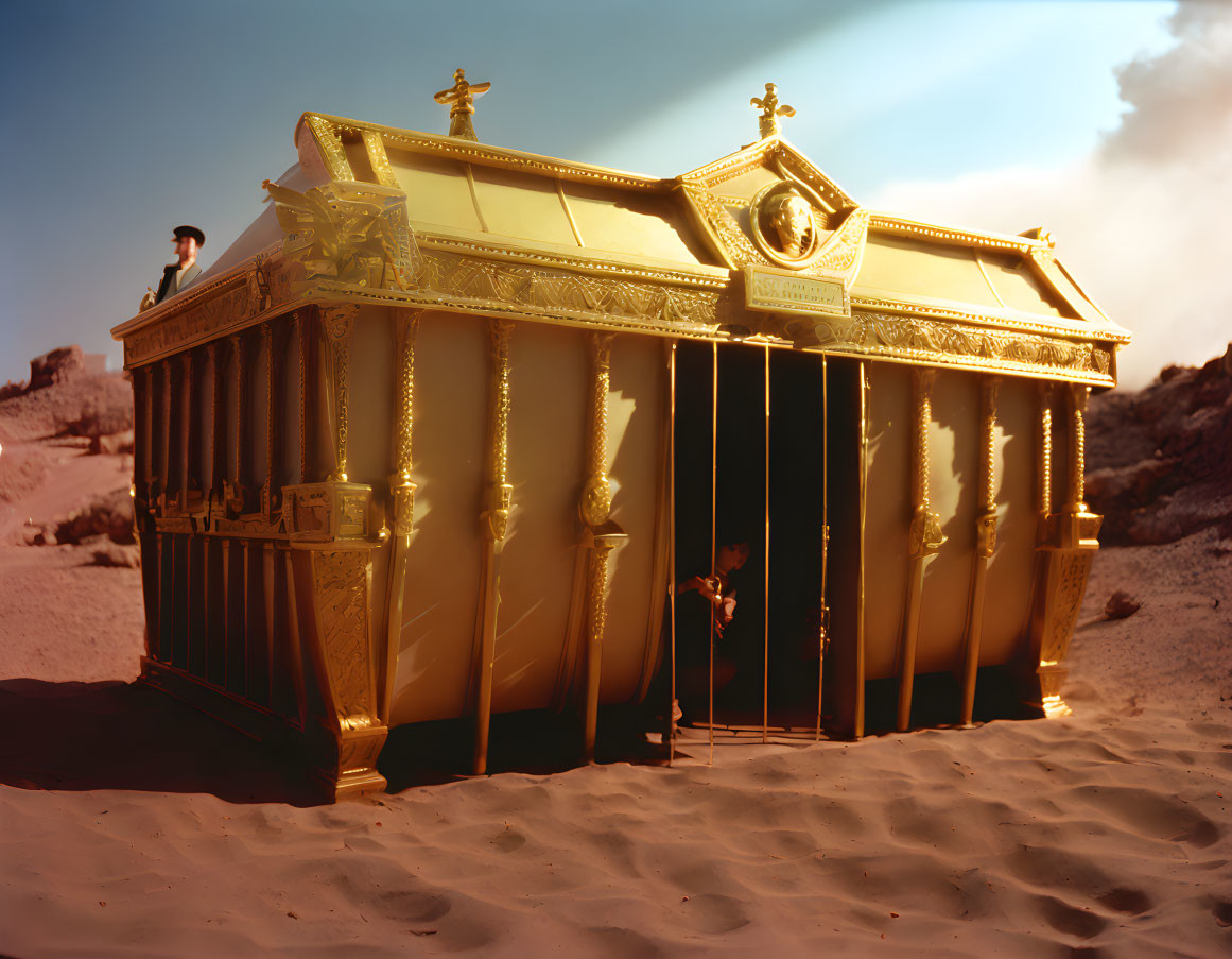 Surreal oversized golden cage with figures on sandy terrain