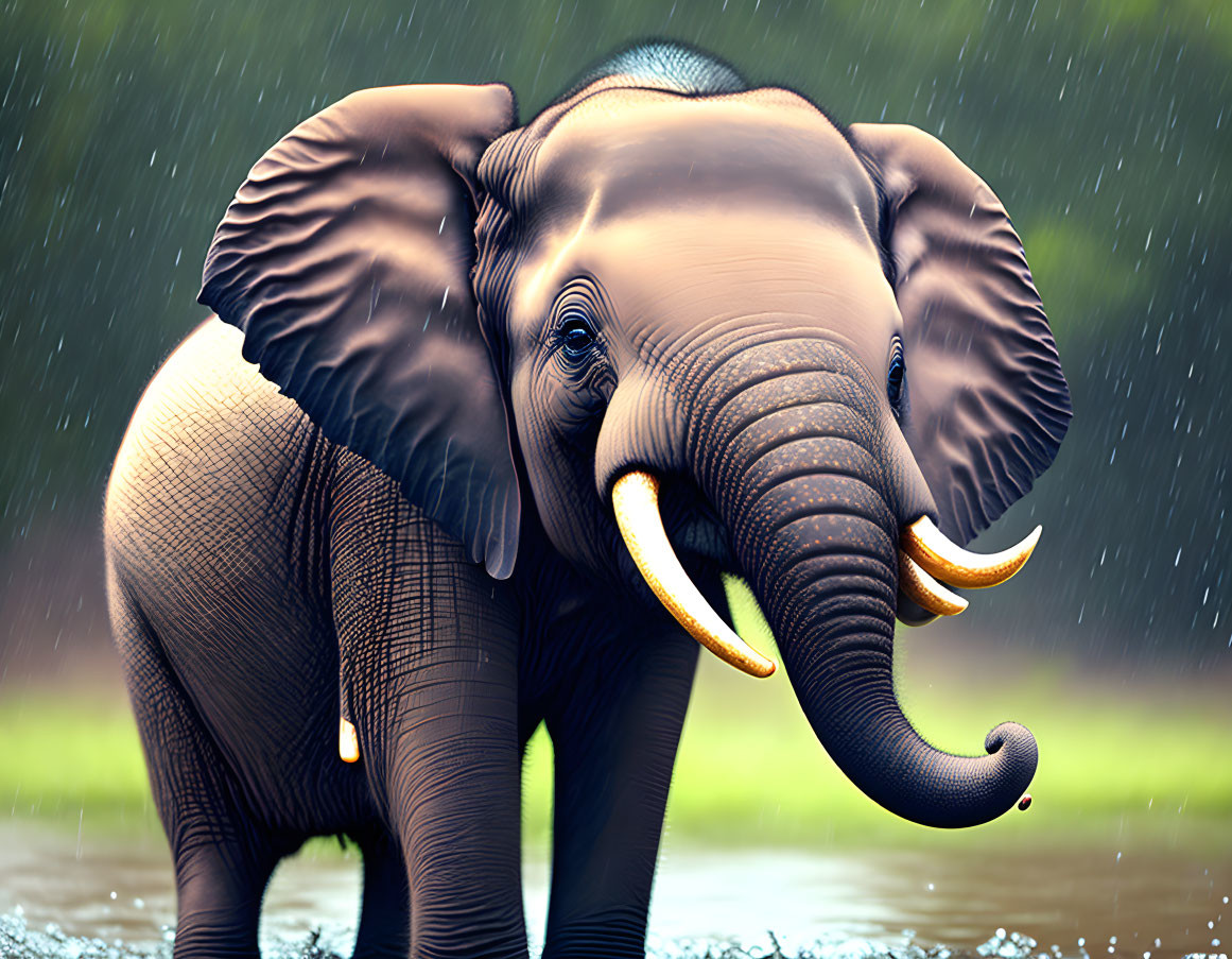 Elephant standing gracefully in the rain with glistening water droplets.