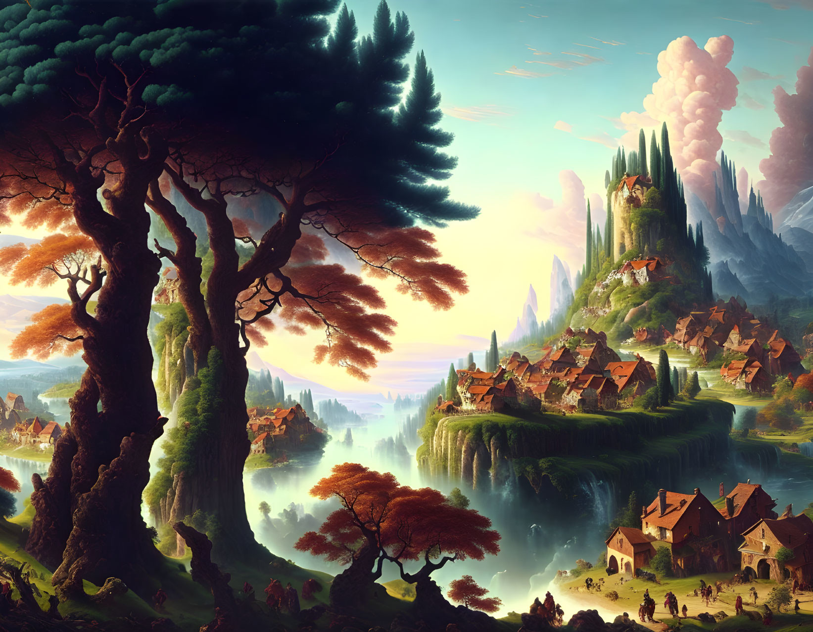 Majestic fantasy landscape with towering trees and mountains