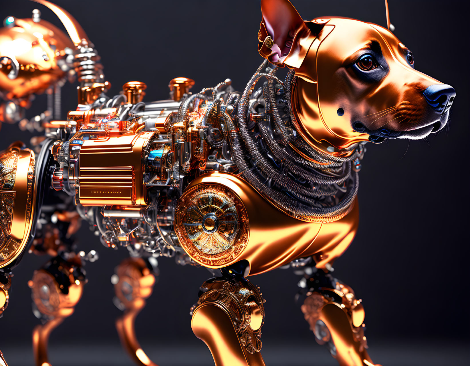 Robotic dog digital art with metallic textures in copper and chrome