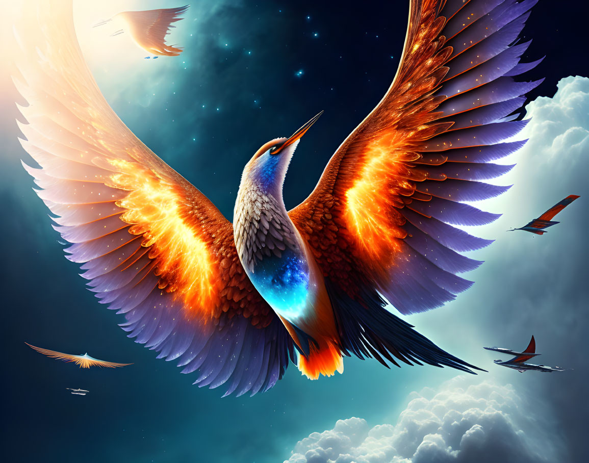 Fiery-winged fantastical bird in surreal sky with floating islands