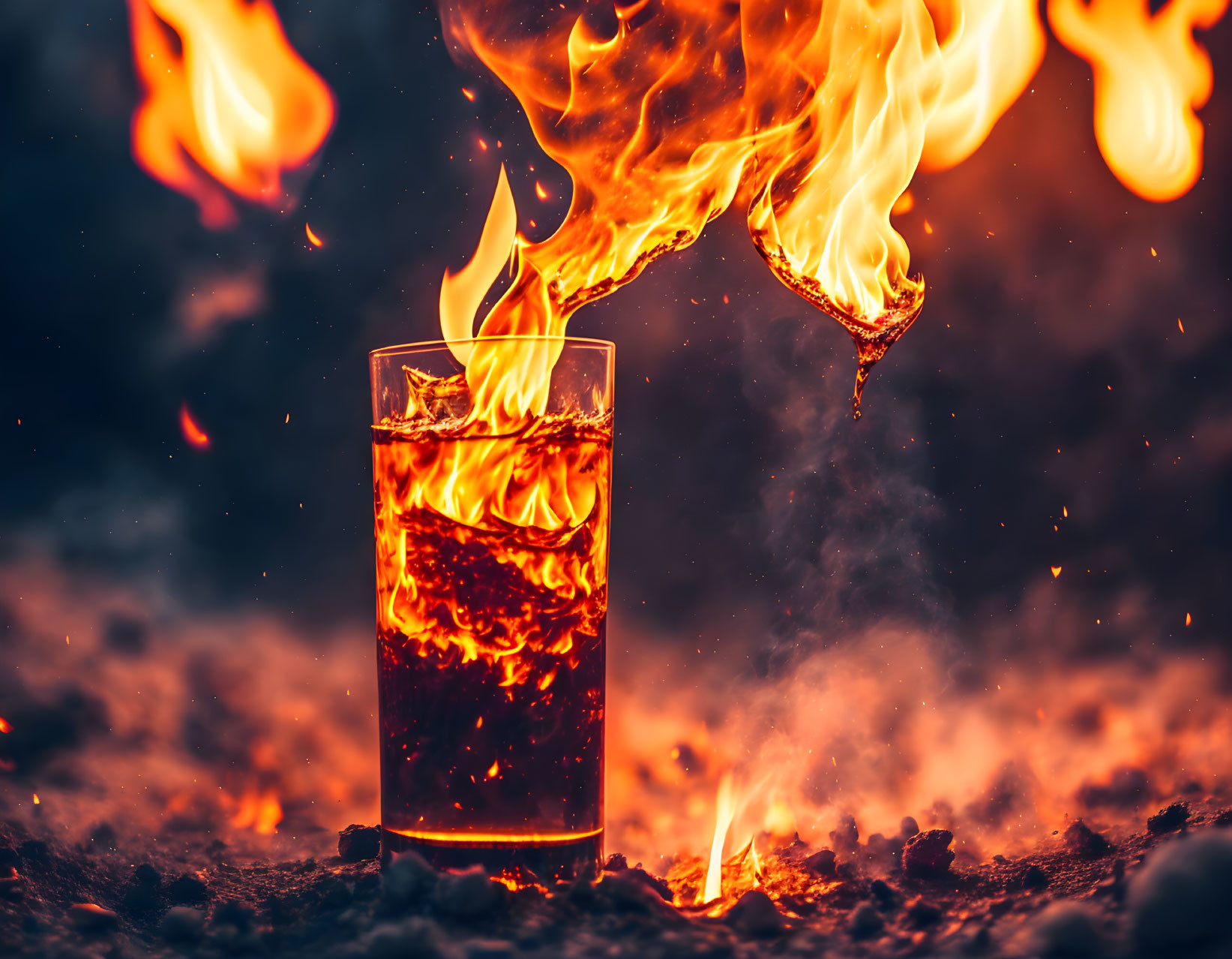 Flaming glass of liquid against fiery backdrop