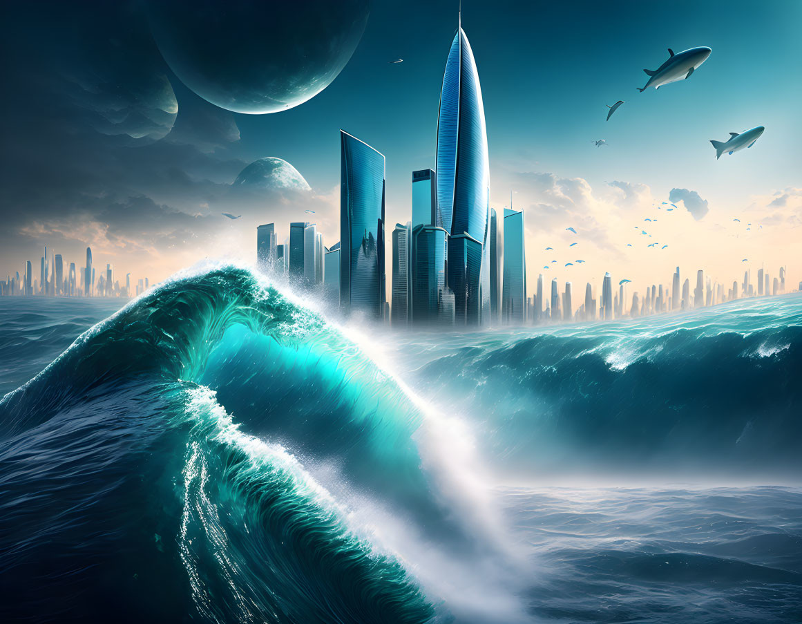 Futuristic cityscape with skyscrapers, celestial bodies, flying whales, and massive waves