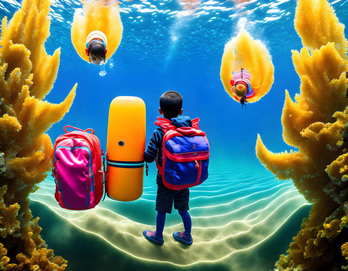 Child with red backpack observes people in backpack-shaped submarines underwater