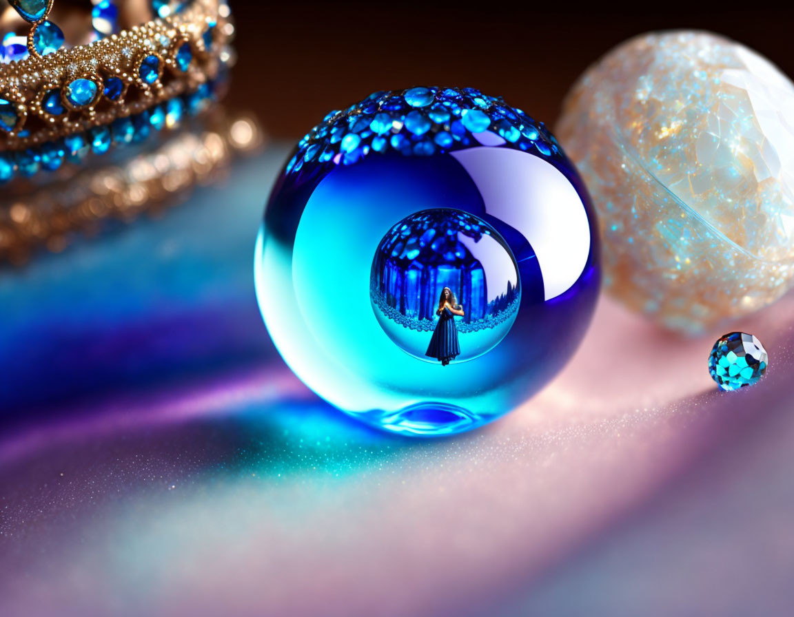 Colorful backdrop with reflective blue orb and miniature world captured in vibrant image.