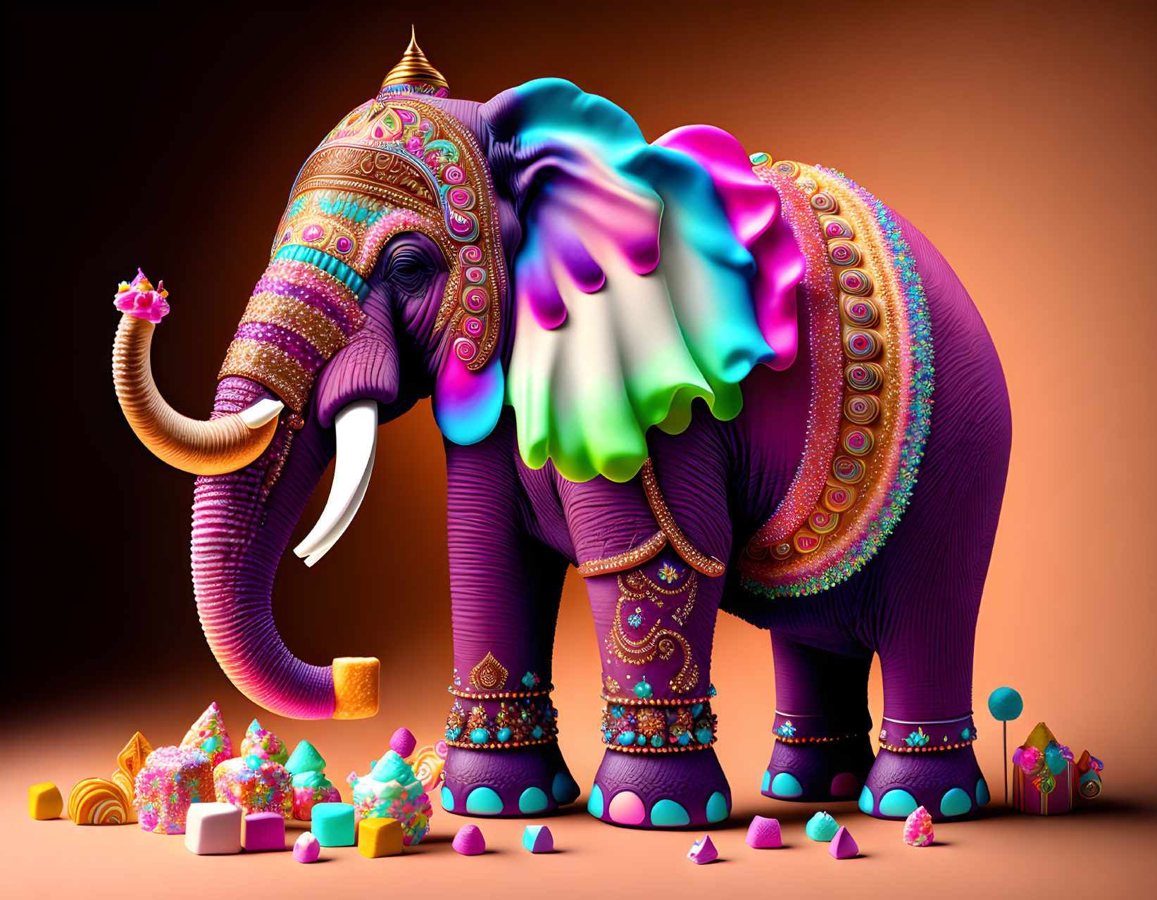 Adorned elephant with headdress and regal attire among sweets and gifts