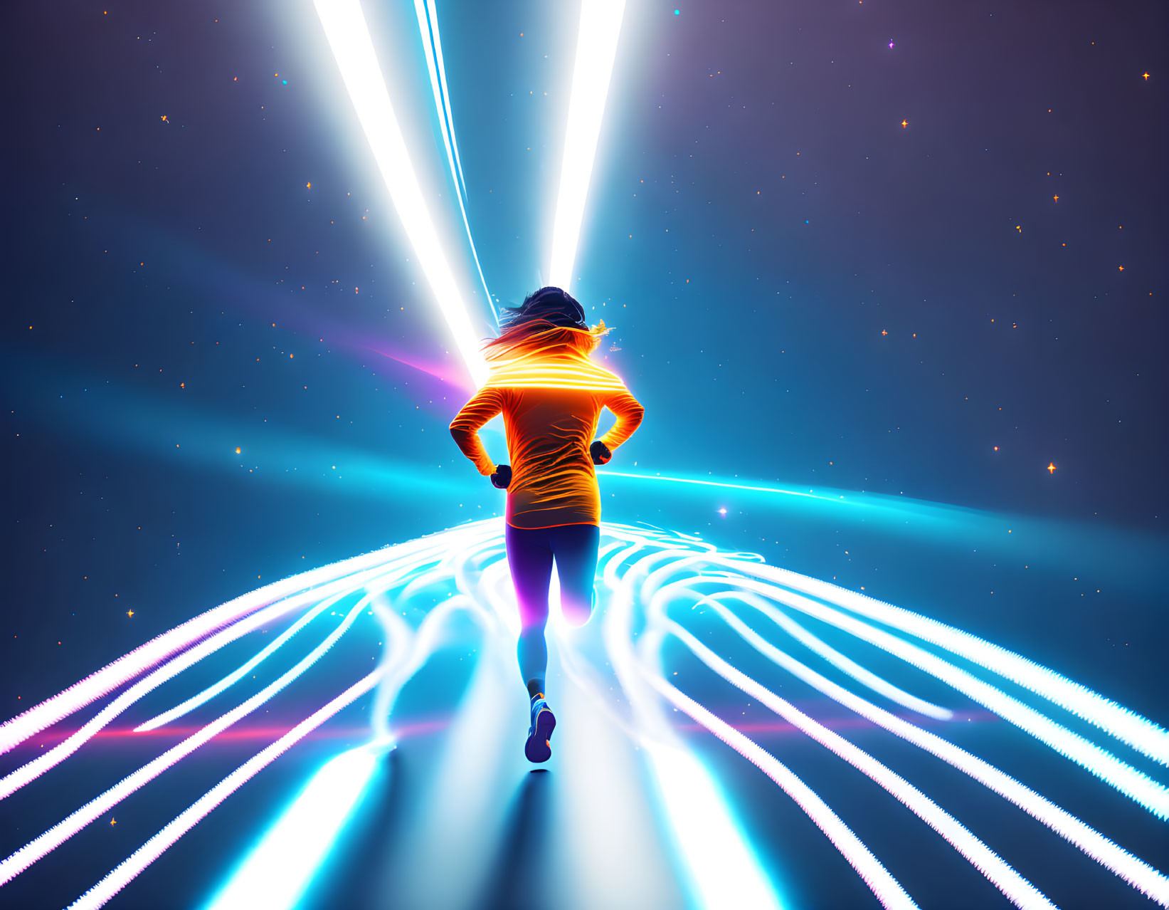 Jogging person with dynamic light trails under starry sky