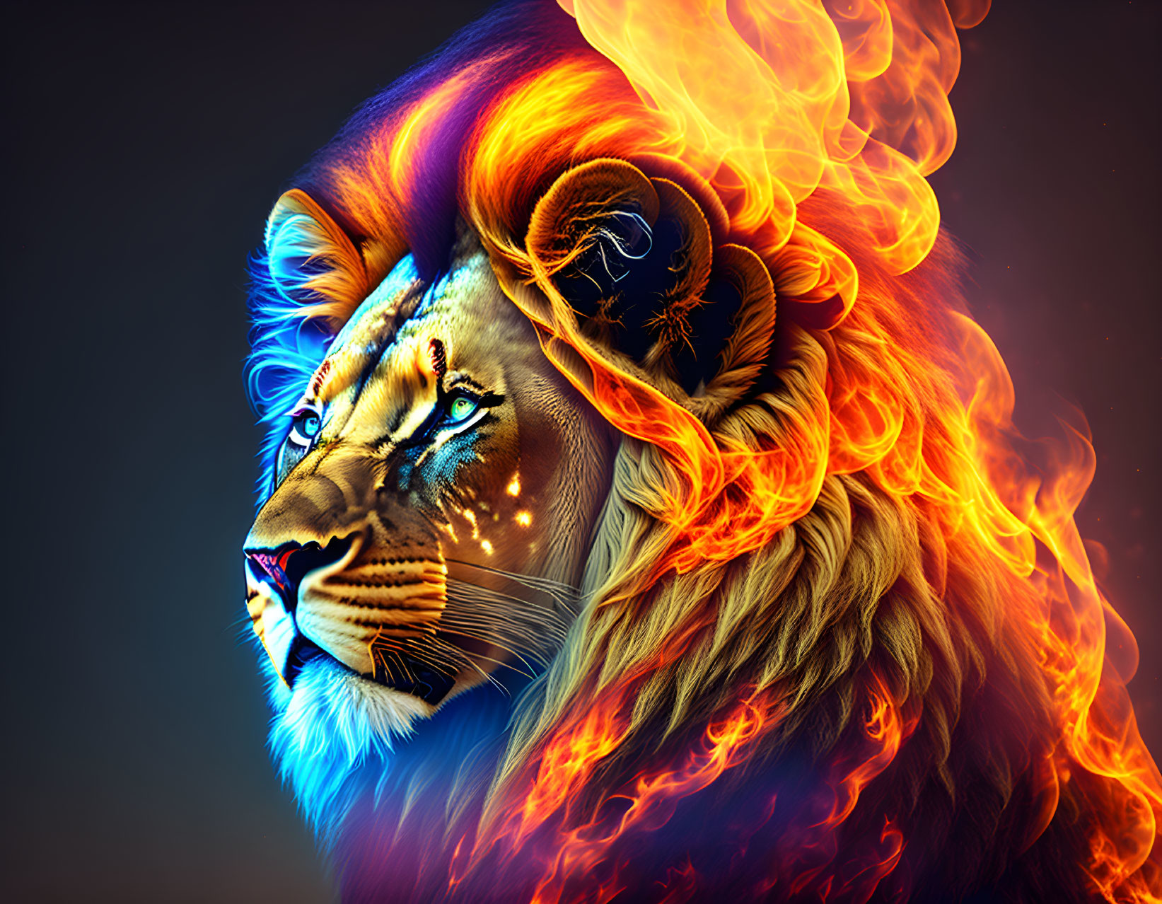 Colorful lion mane transitions into fiery flames on dark backdrop