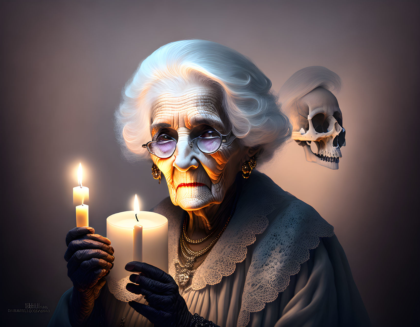 Elderly woman with skull makeup holding lit candles in spooky setting