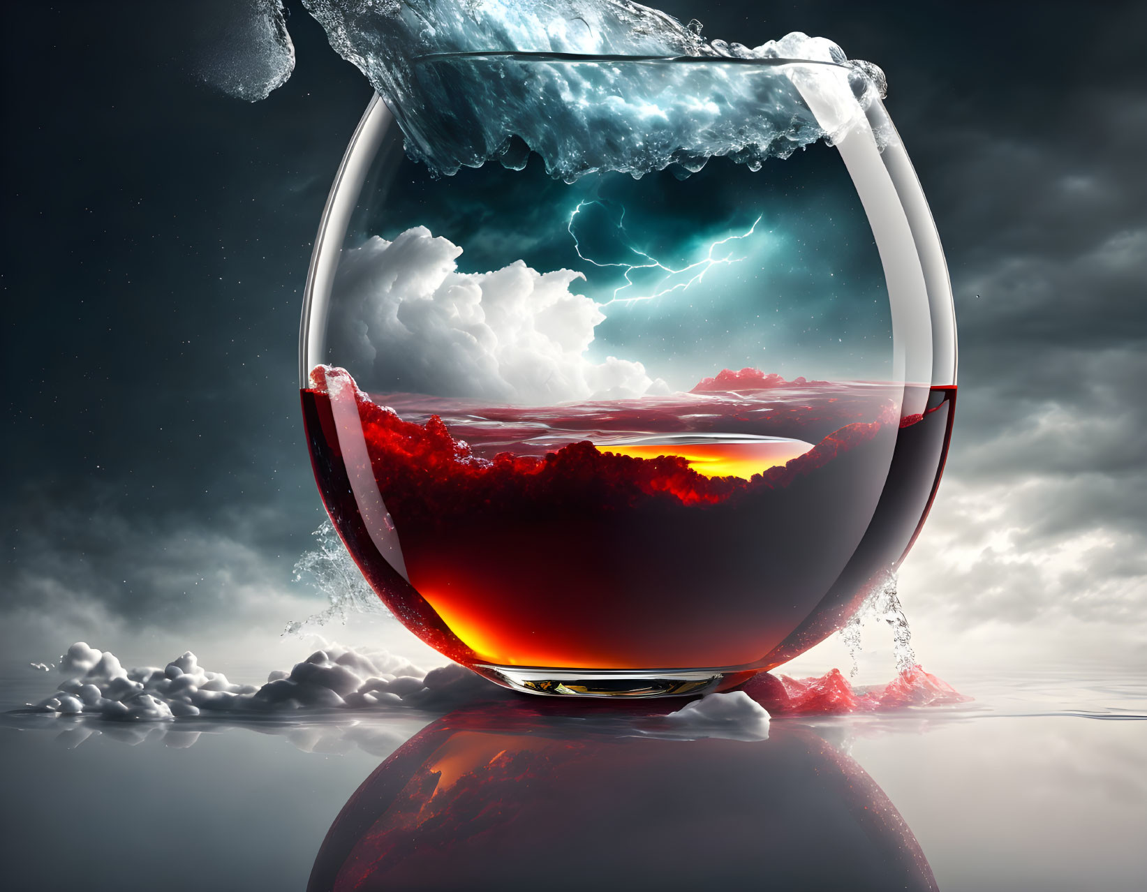 Glass with liquid landscape: red sunset, thunderstorm, lightning, ice