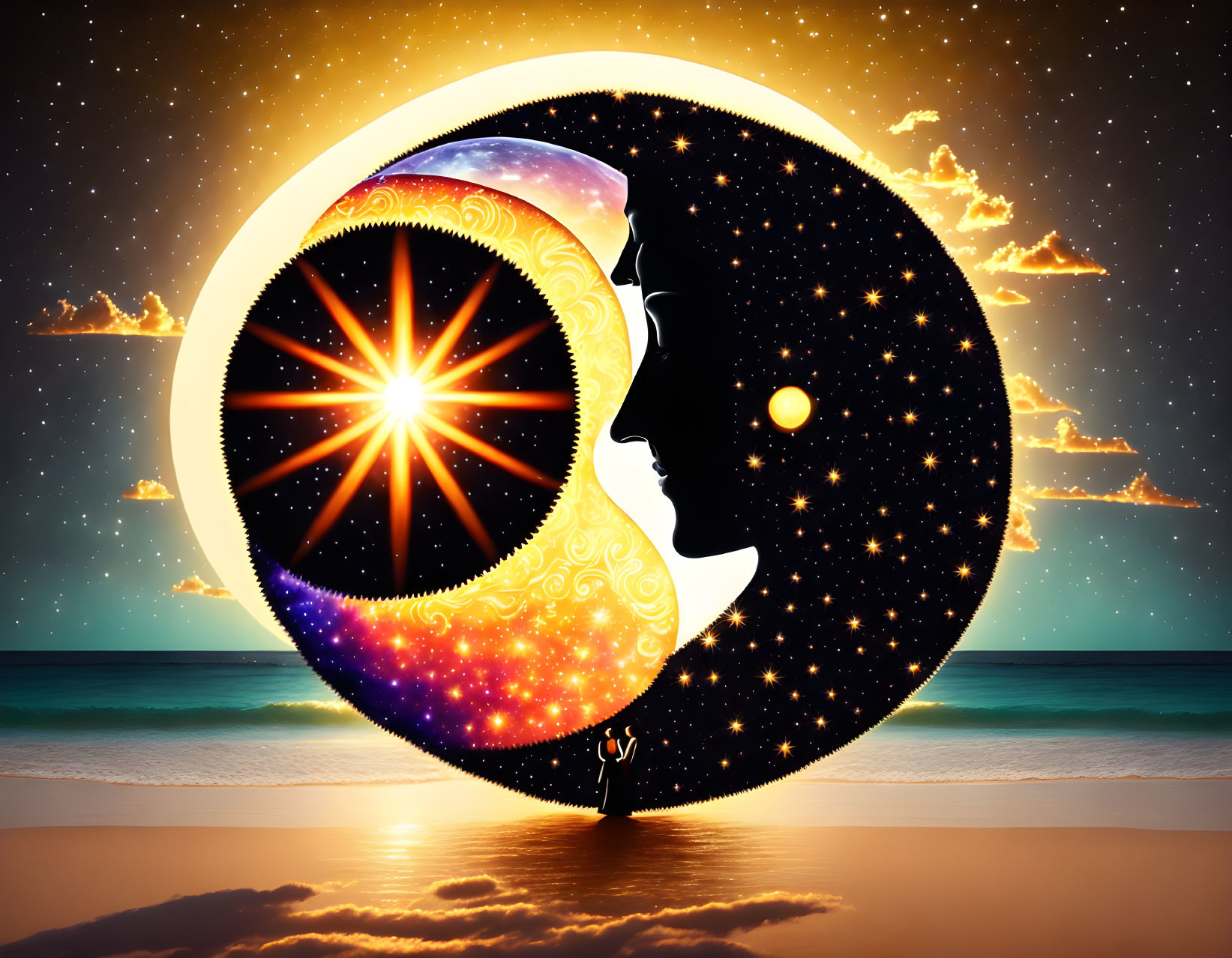 Circular Woman Profile Silhouette in Surreal Sky Scene